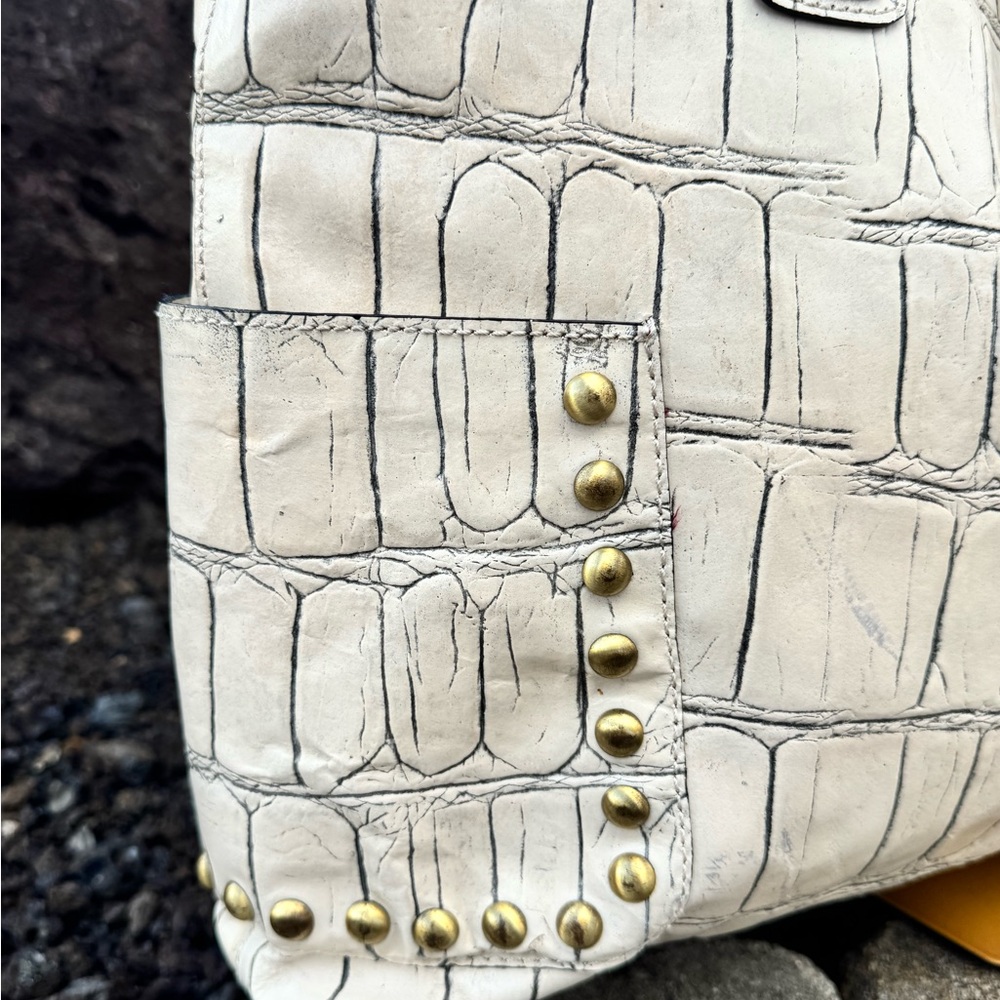 Sharif Studio Cream Croc Embossed Studded Tote Bag - Picture 7 of 15